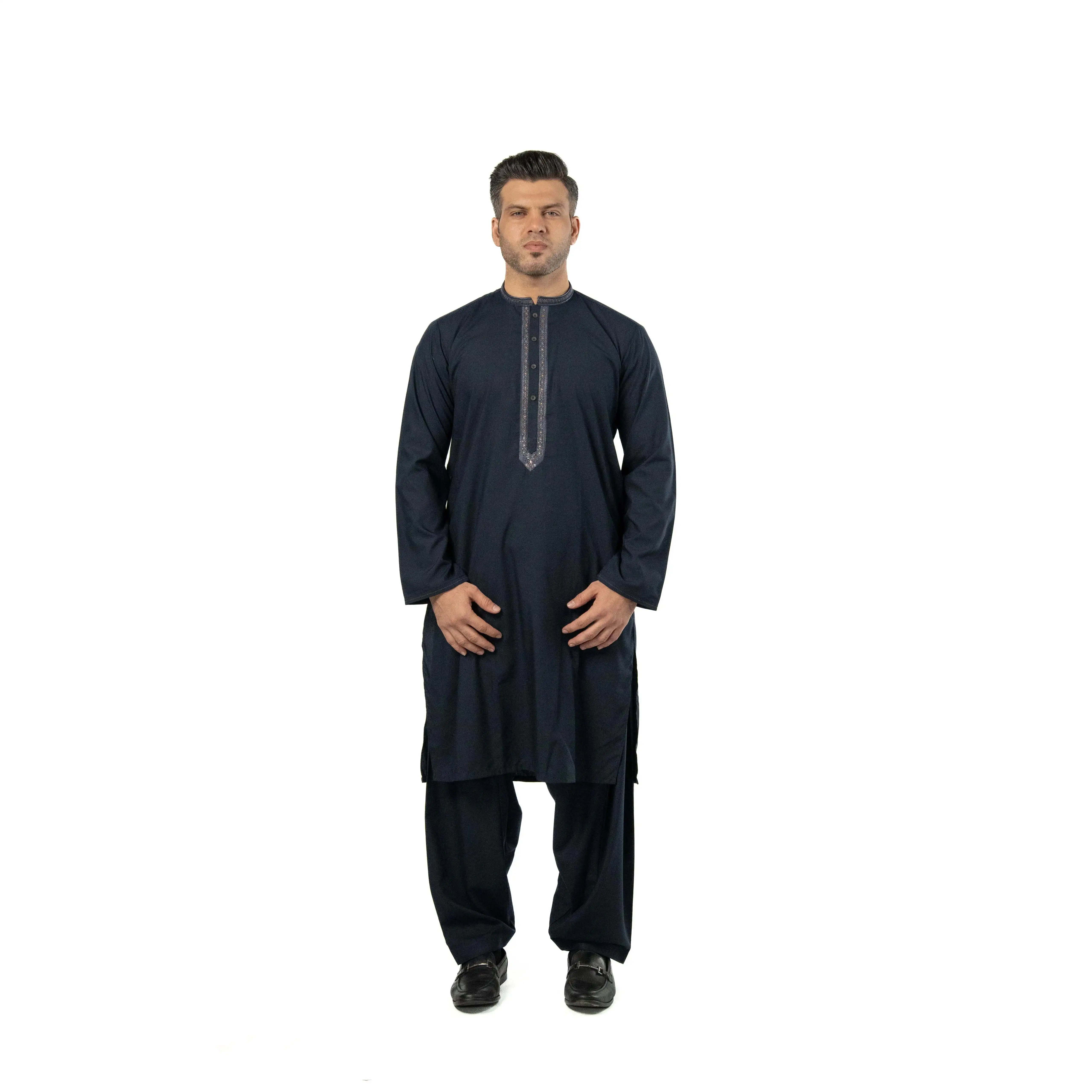 Mens Navy Blue Formal Kameez Shalwar with Straight-Cut Sleeve for Wedding & Festive Occasions