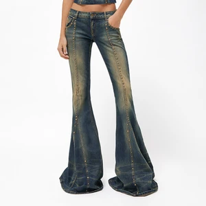 Women's Distressed Washed Vintage Denim Studded Flared Ripped Jeans