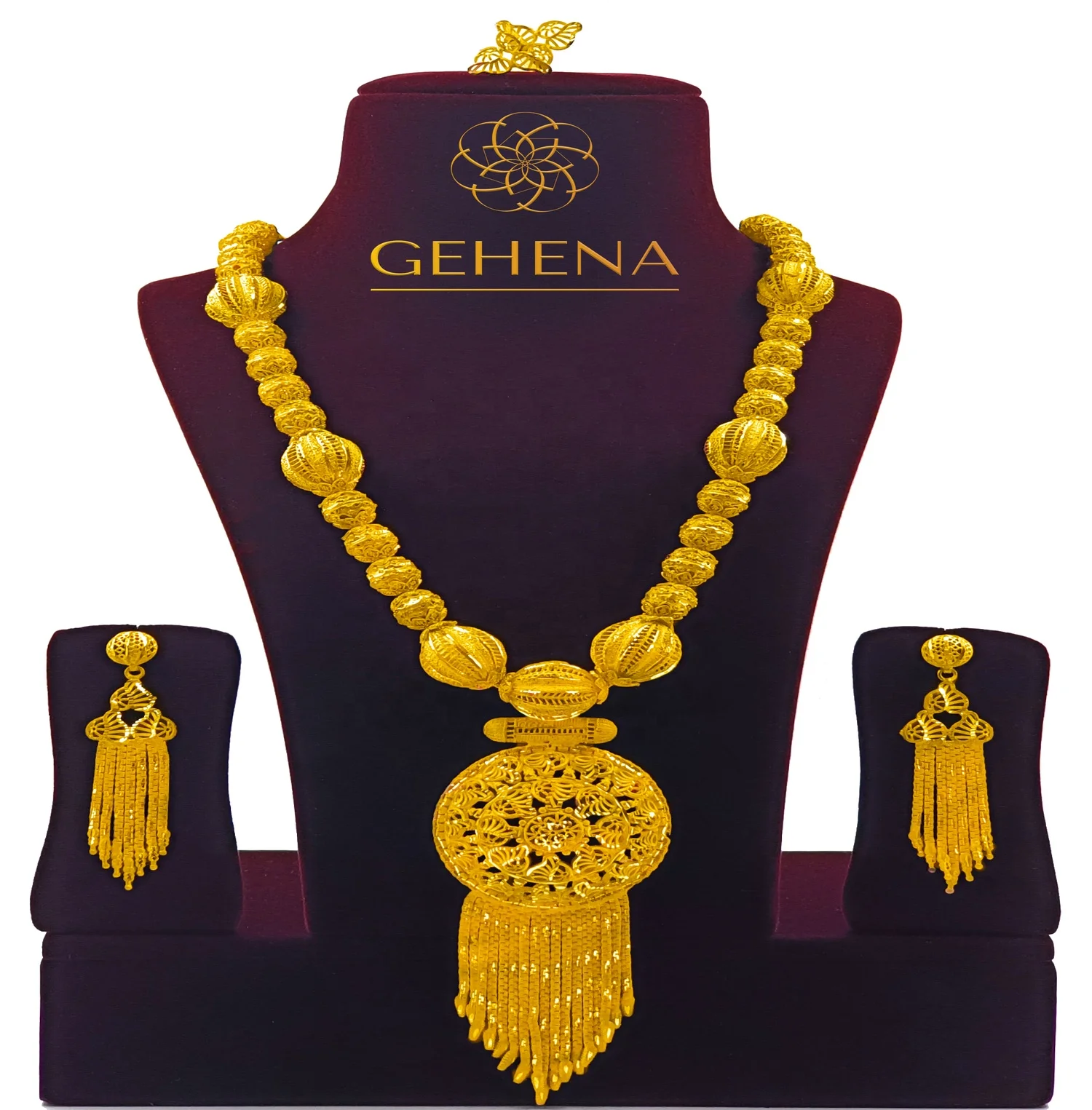 5 Gramme 24k Gold Plated New Exclusive Designer Bead Necklace Set Earring And Finger Ring Women 5338