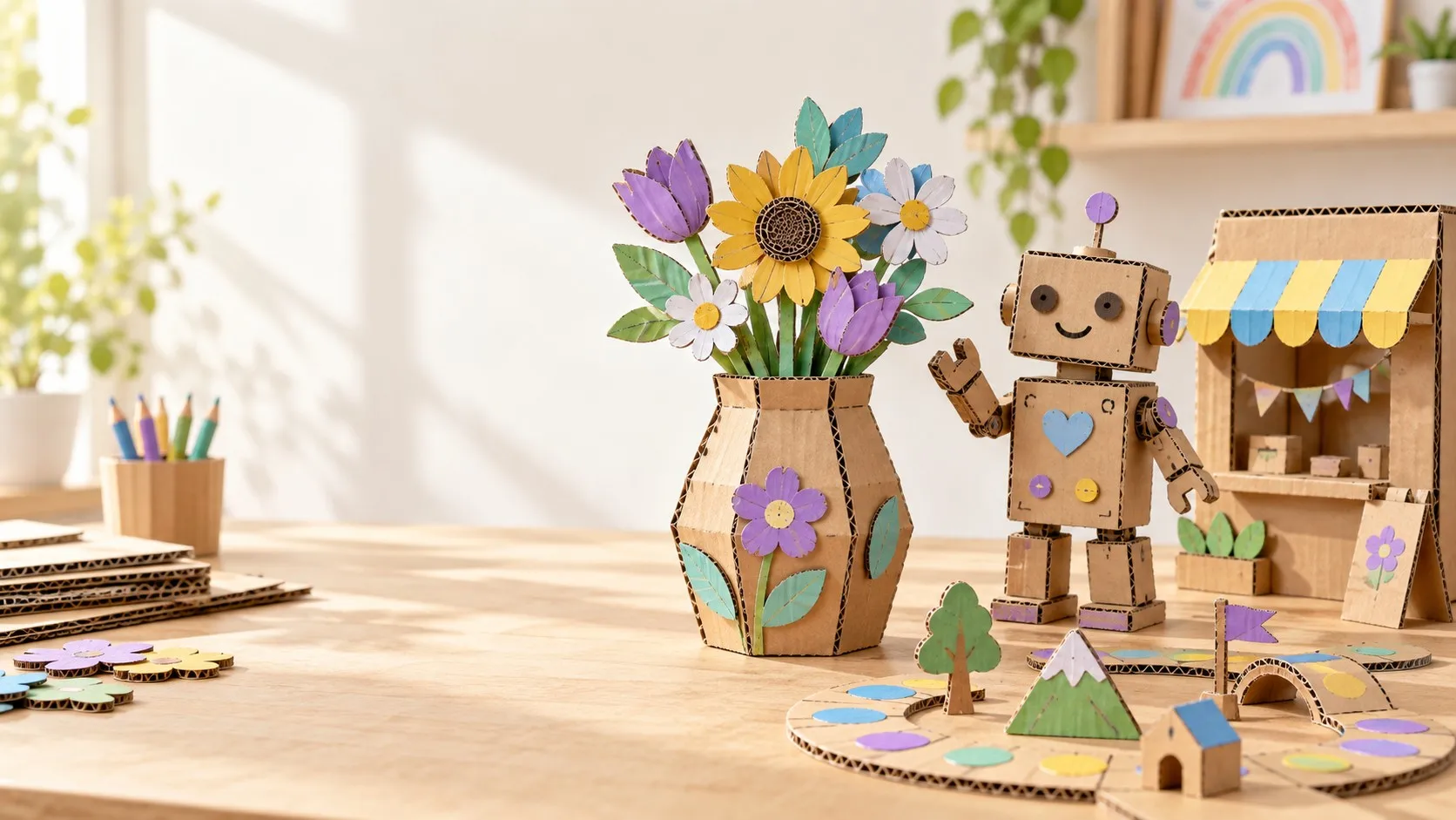 Cardboard crafts scene — vase, robot and mini city — VOGALAB