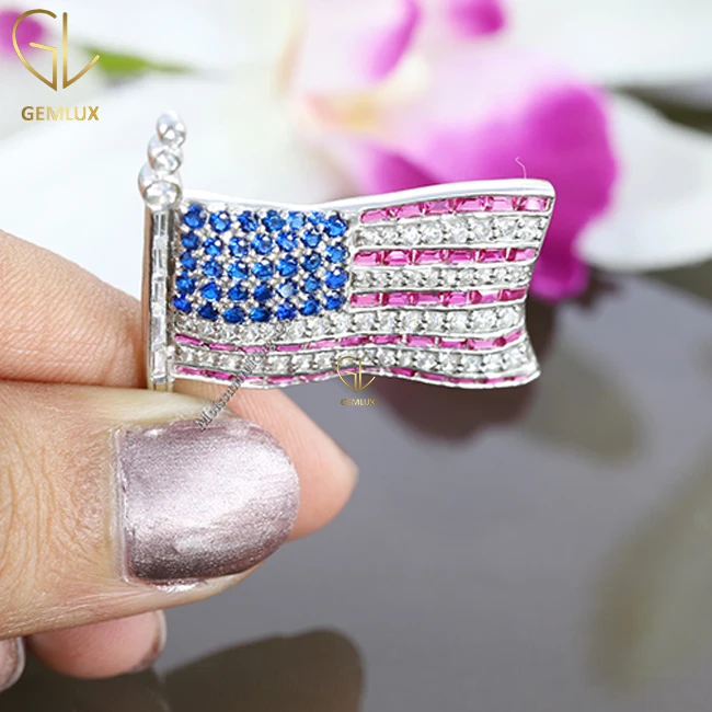925 Silver Usa Flag Iced Out Flag Charm Brooch Independence Brooch ...