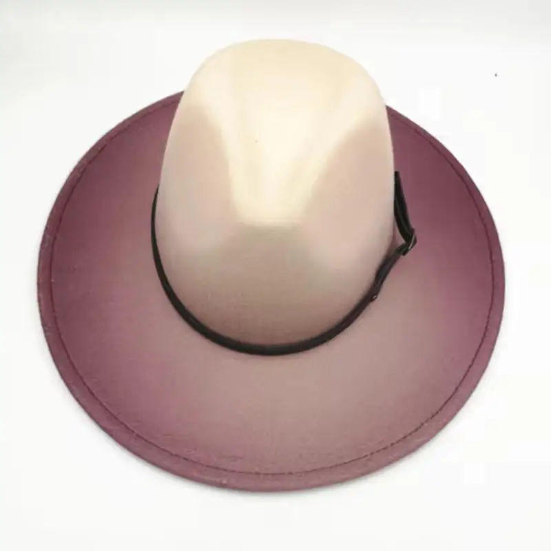 Men Women Wide Brim Wool Felt Panama Gradient Cowboy Cap Feather Jazz Hat Retro