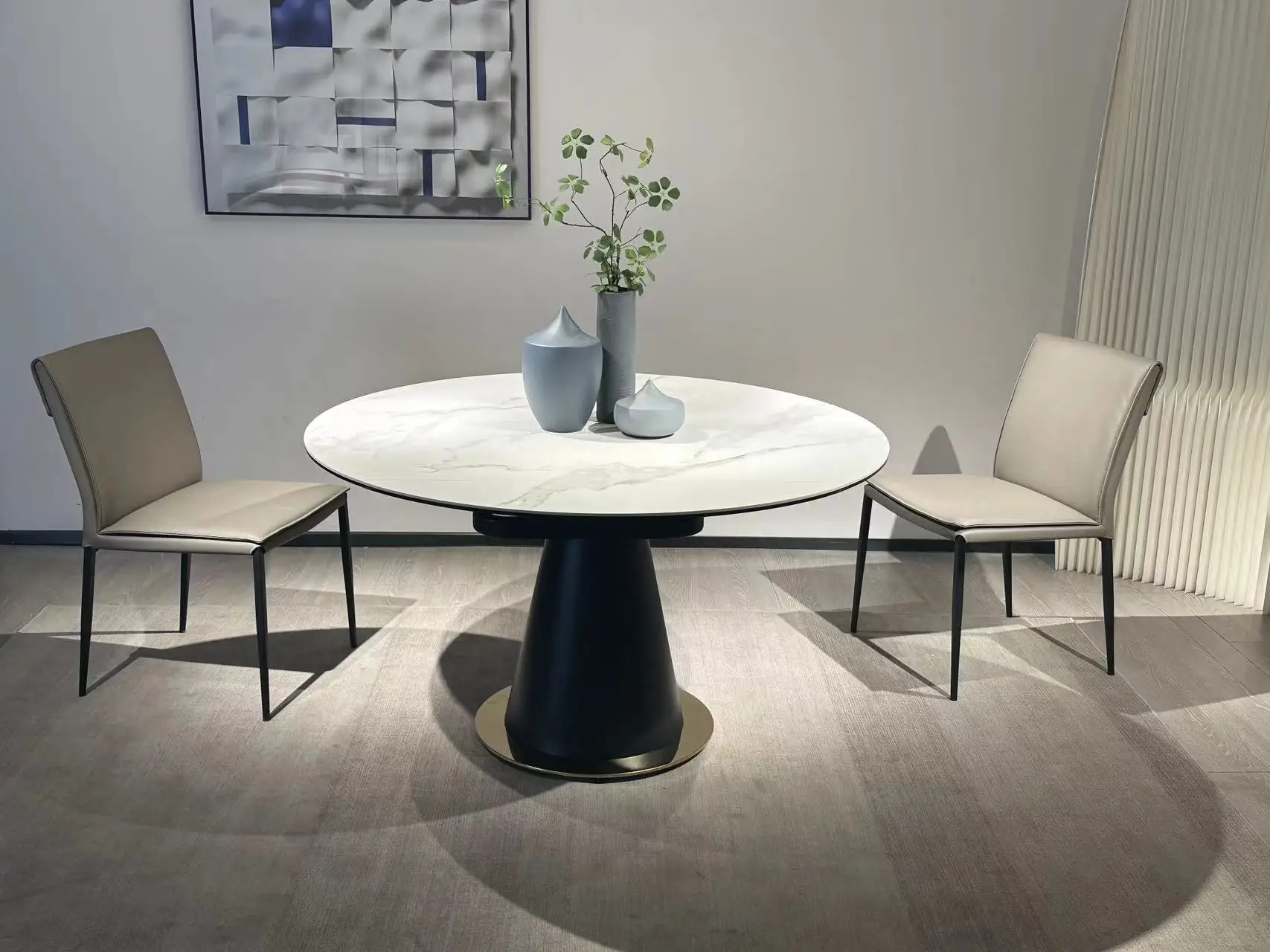 Modern Multifunctional Extendable Dining Table With Slate Stone Sintered Marble Top Cone Pedestal Metal Base for Hotel Bar Use