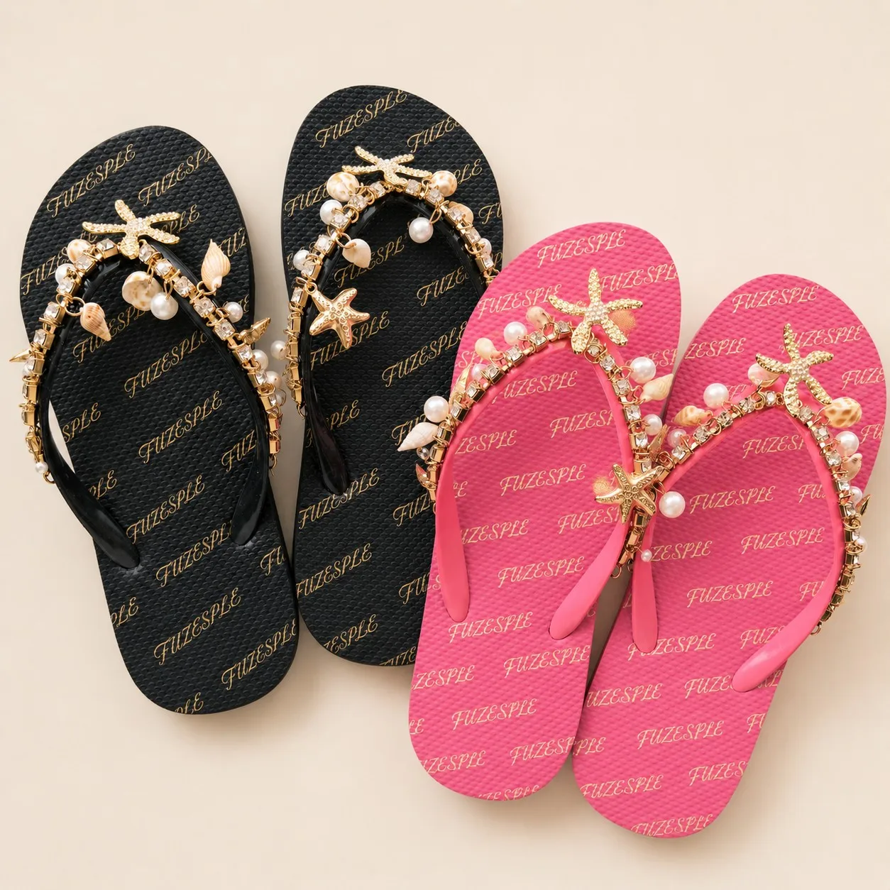Black and pink custom starfish shell flip flops