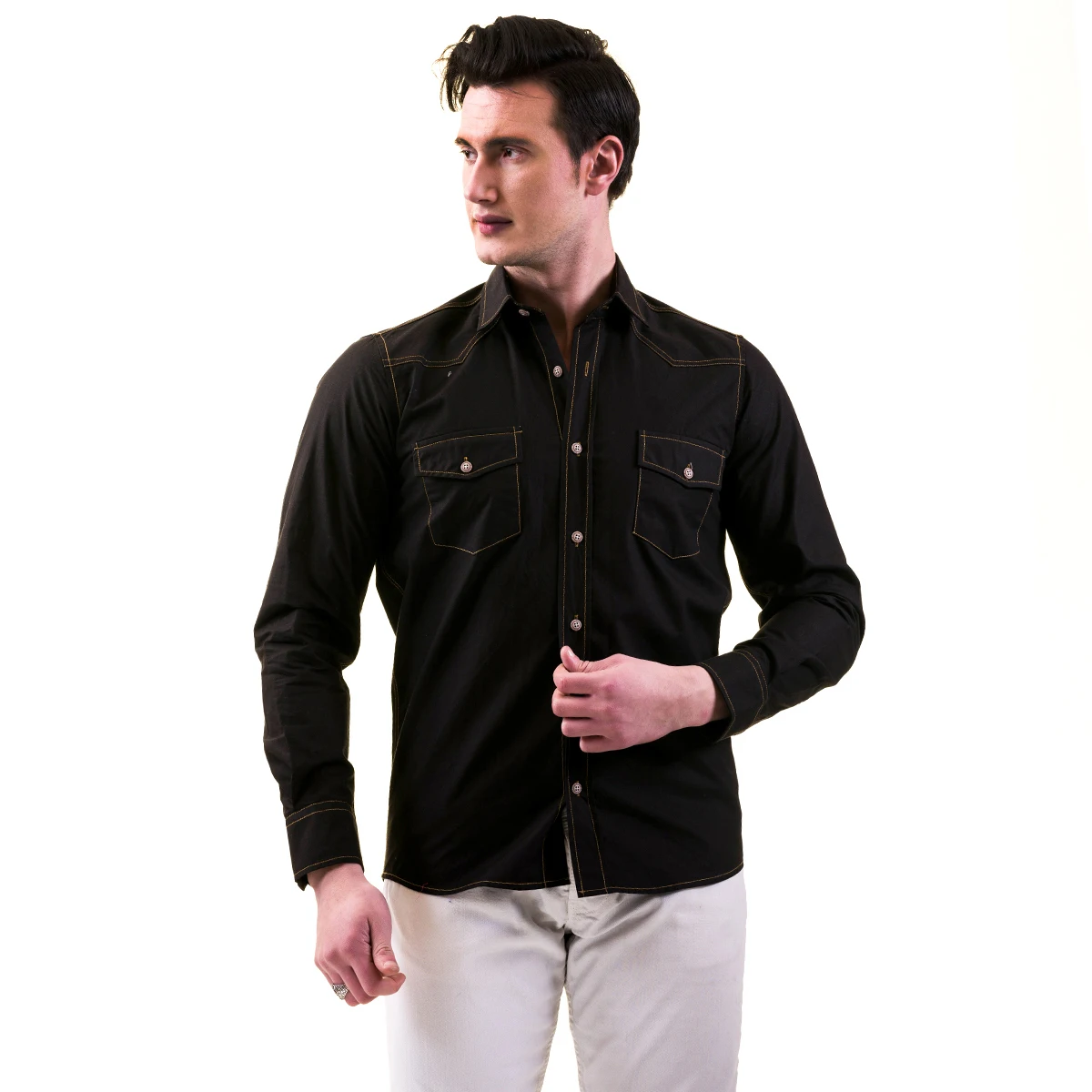 Black Breathable Spring Jeans Style 100% Cotton Men's Dress Shirt Long Sleeves with Double Pocket on Chest Safari Style OEM