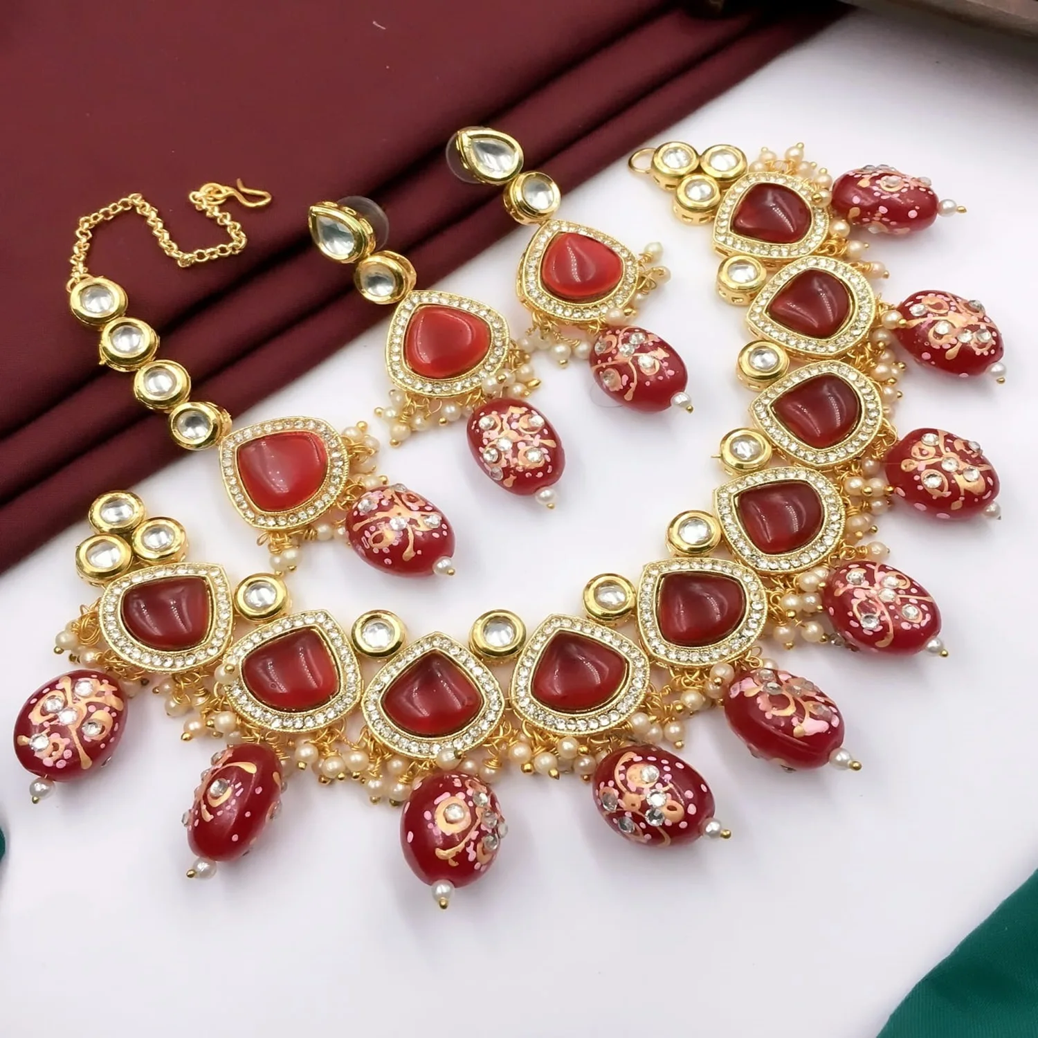 Indian Kdan Bezel Set Nelace and Long Earrings with Adjustable Pearl Monsa Stone Big Stone Wholesale Wedding Jewelry Sets