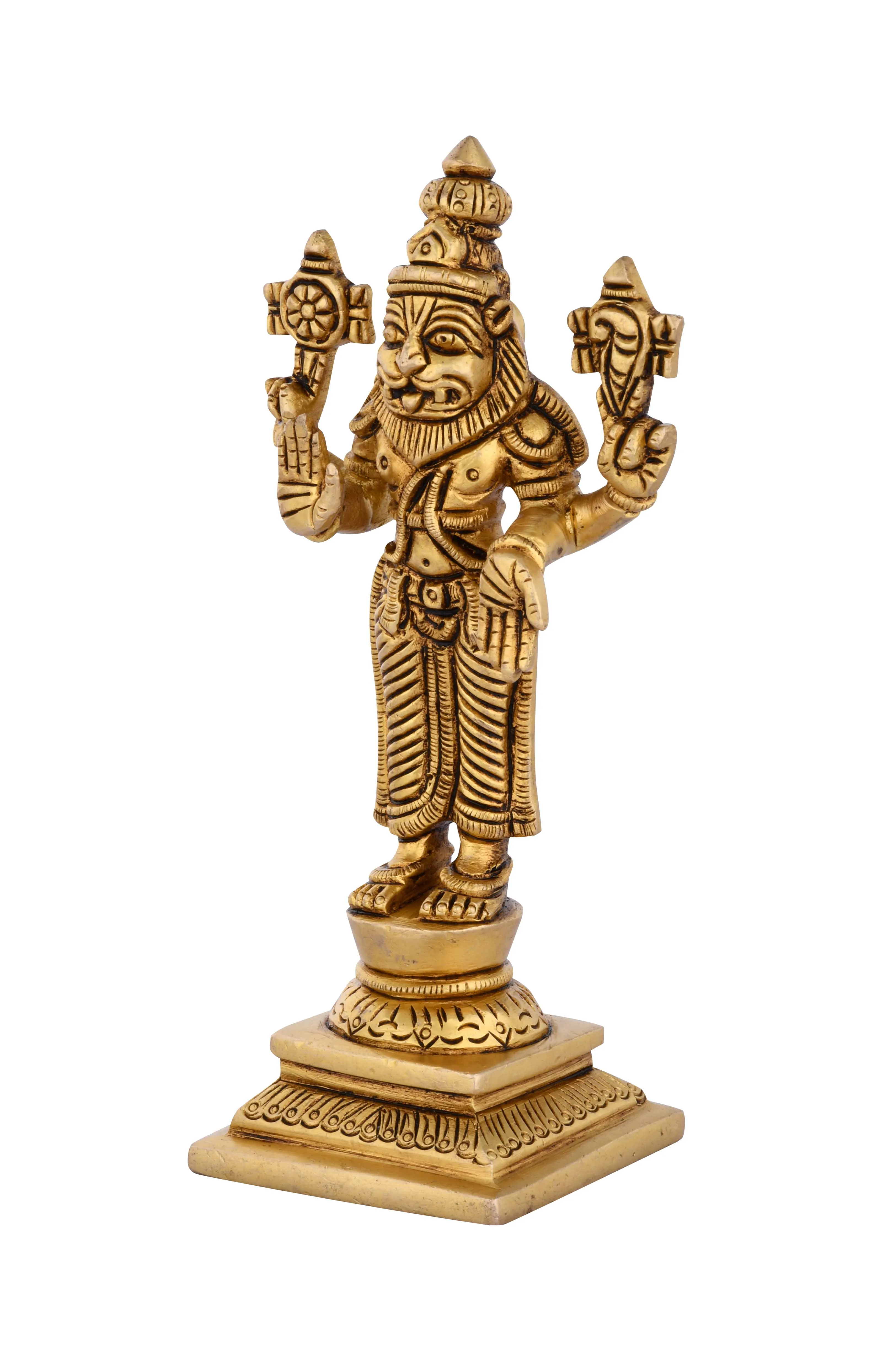 Brass Narasimha Dev Handcrafted Statue 15.2 cm Traditional Hindu Deity Idol Polished 580 gm Standing Devotee