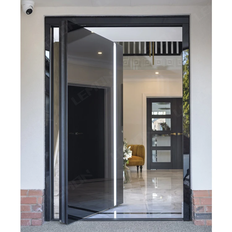 LED Light Design Modern Entry Black Main  Villa Front Stainless Steel Pivot Doors With Smart Lock