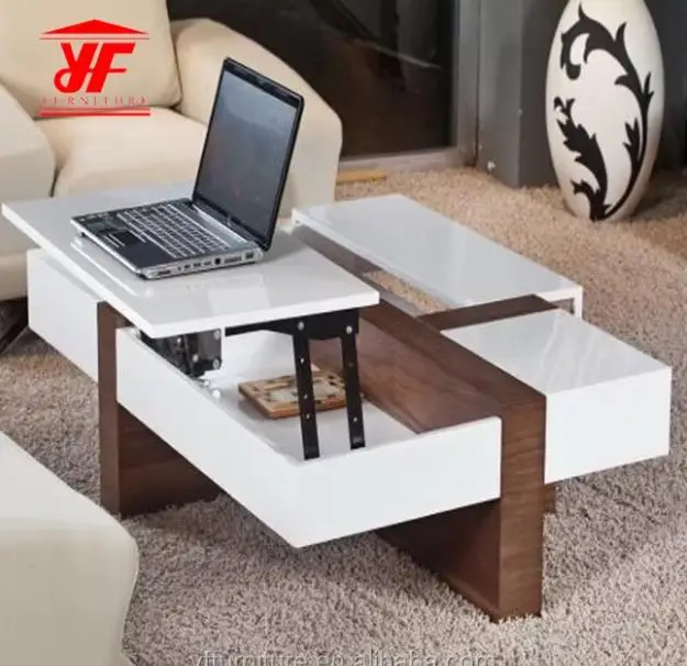 YuanFu Modern White Smart Lift Top Coffee Table Height Adjustable Wooden Furniture for Home Living Room Use