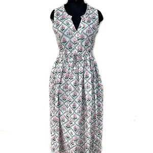 Beautiful Summer Cotton Hand Print Dress Hand Block Dress V-neck Sleeveless Floral Print Cotton Long Maxi Dress For Women