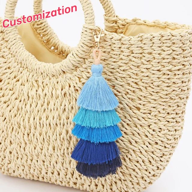 wholesales handmade boho craft felt keychain eco-friendly cotton long colorful tassels macrame tassel keychain