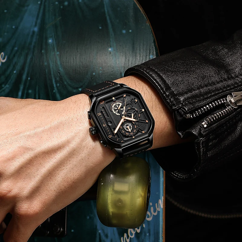 Часы наручные NEKTOM Мужские кварцевые спортивные водонепроницаемые люксовые с кожаным ремешком квадратной формы