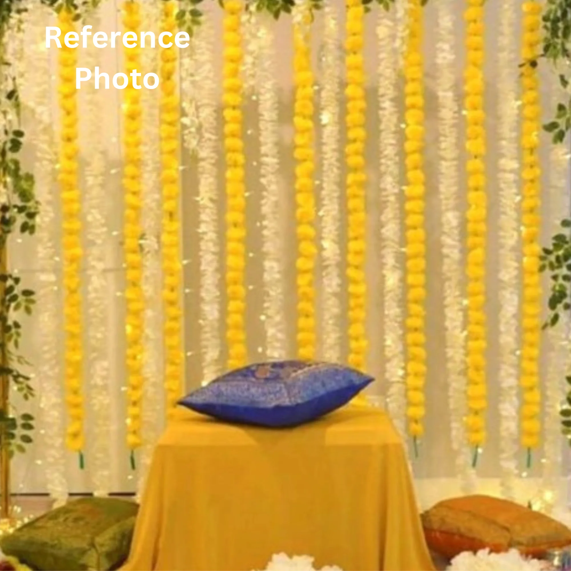 Haldi Backdrop of Yellow and White Marigold Jasmine Flower Garlands Perfect for Indian Wedding Decor Mandap Teej Tent Decor