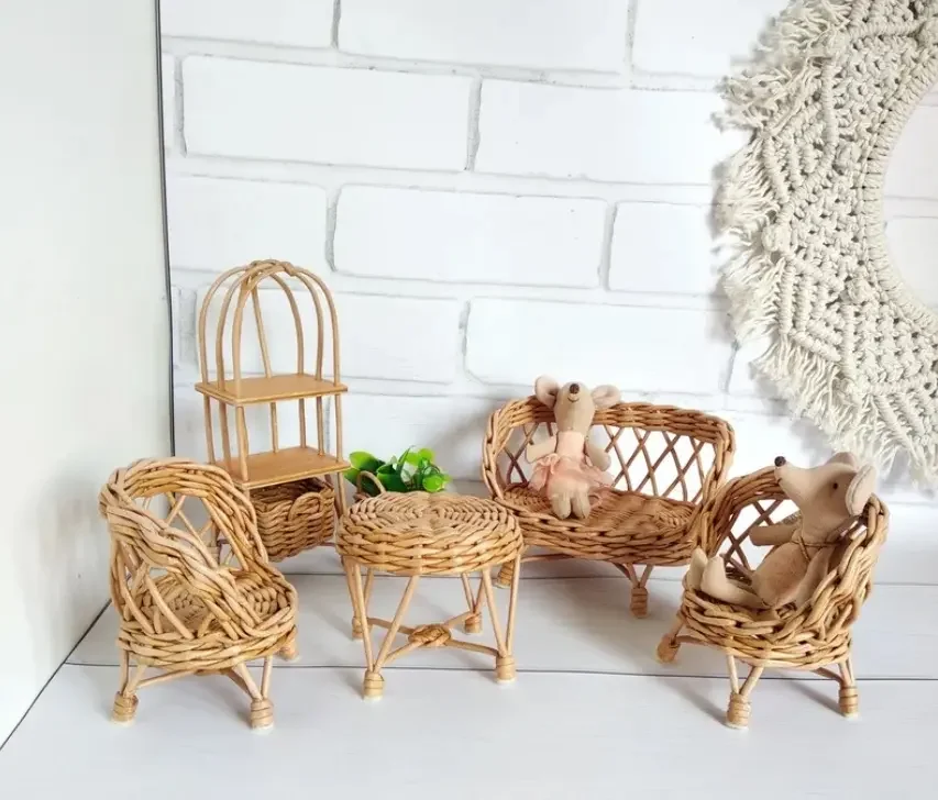 Top Factory Rattan Boho Miniature Doll House Furniture Set Mini Rattan
