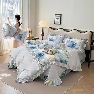 Luxury Hot Floral Style Super King 4-Piece Wedding Bedding Set Printed Princess Pattern Duvet Cover 100% Polyester Custom Color