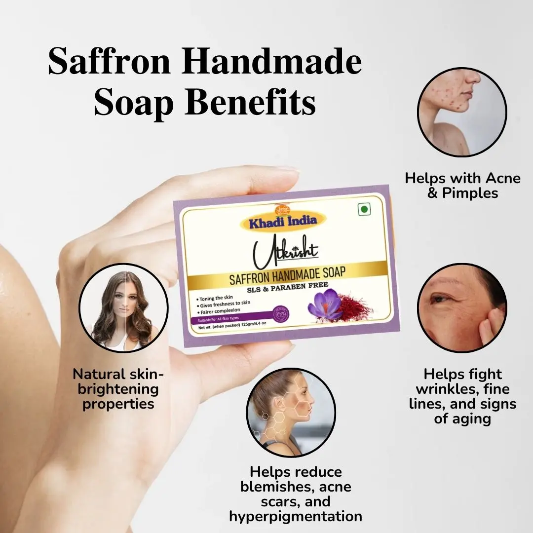 Utkrisht 100% Organic Handmade Saffron Soap Cold Processed Bar Essential Oils Anti-Acne Whitening Complexion Removes Dark Spots