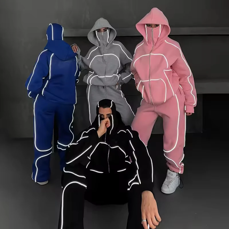 Custom Oversized Blank Sweatpants Heavyweight Sweatsuit Ski Mask Double Hoodie Set Baggy Streetwear Reflective Unisex Tracksuit