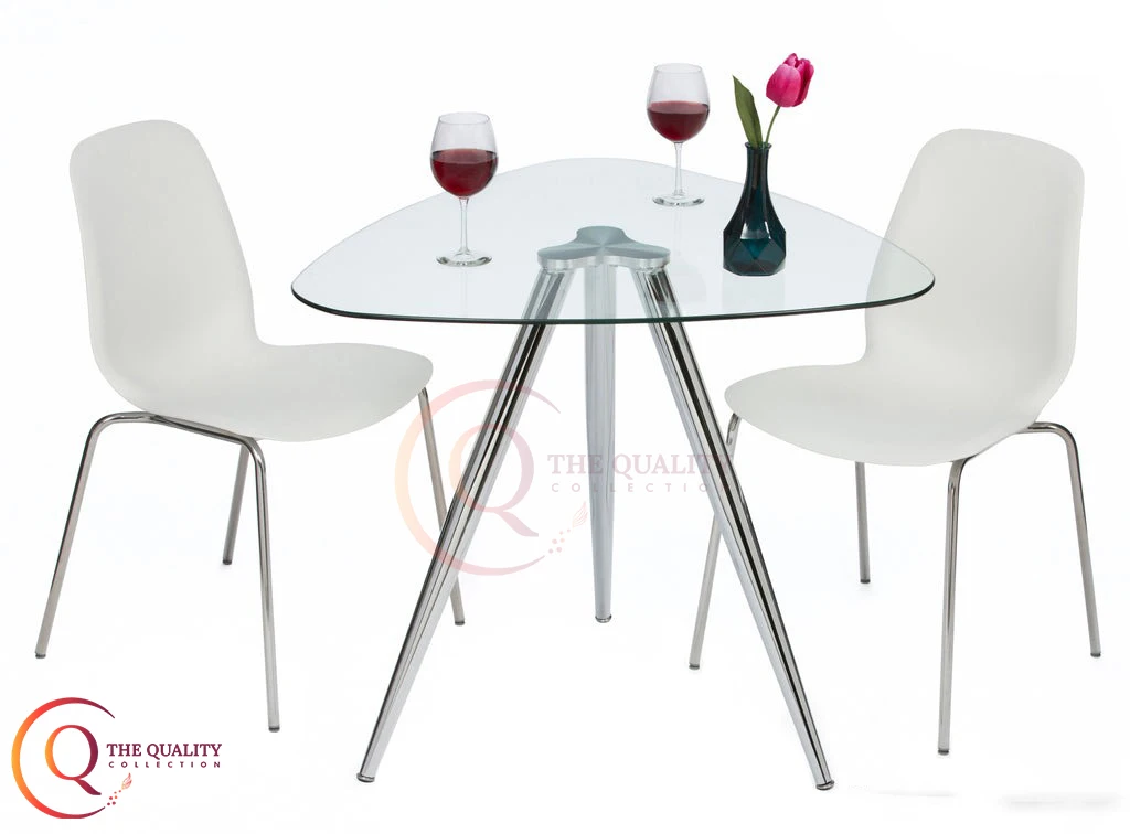 Modern Triangular Glass Table with Sleek Stainless Steel Legs a Unique Centerpiece for Contemporary Living Spaces.