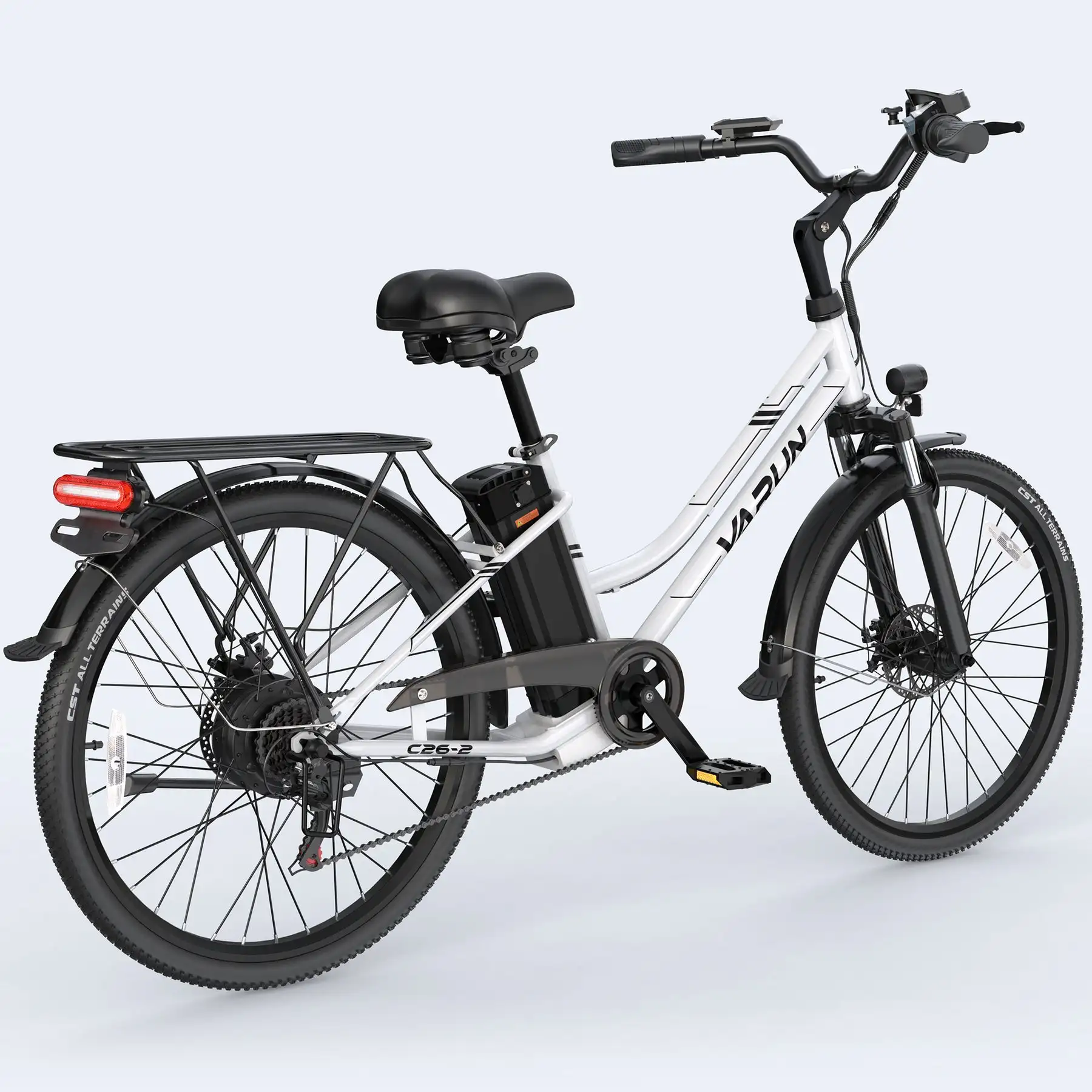 VARUN C26 White Commuter Electric Bike 250w Rear Hub Motor Integrated Lithium Battery Smart Electronic 50km Range Per 60km Max