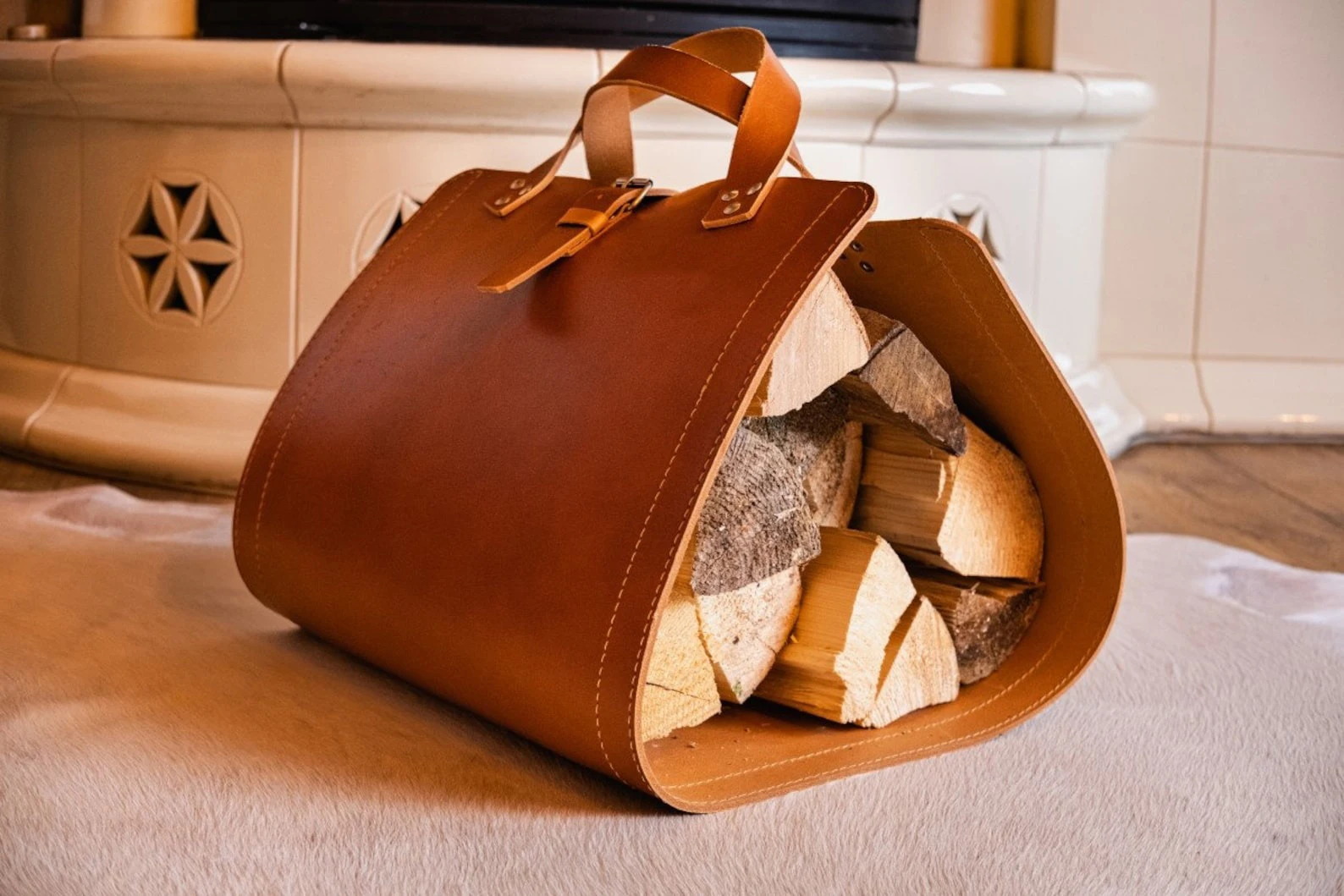 Personalised Leather Log Carrier Monogrammed Firewood Tote Fire Place