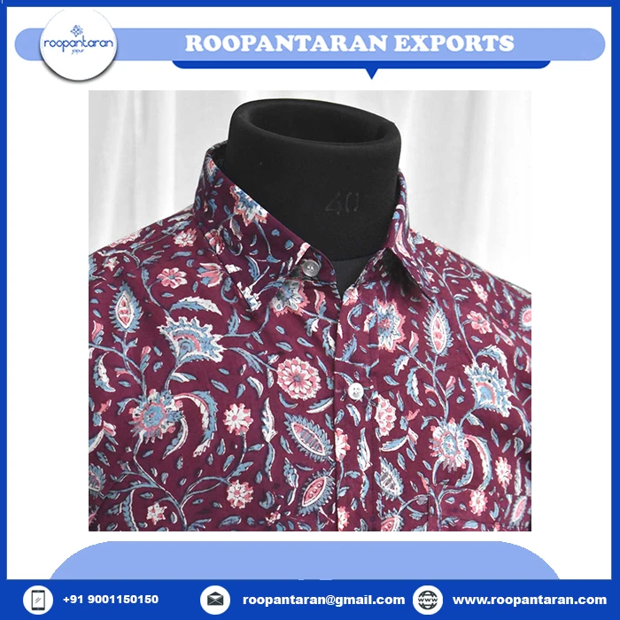 Men's Striped Cotton Cambric Shirt Indian Hand Block Printed Soft and on Sale at Best Price for Spring Season