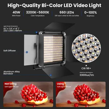 NEEWER 2 Pack Bi Color 660 LED Video Light and Stand Kit: (2) 3200-5600K CRI 96+ Dimmable Light with U Bracket and Barndoor detail image