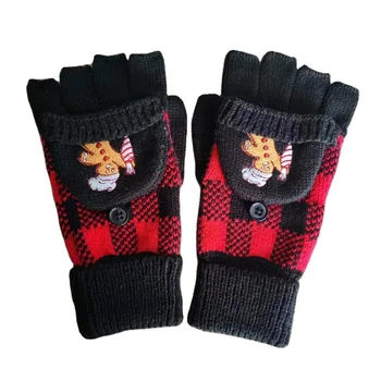 Custom Embroidery Logo Knitted Fingerless Gloves Girls Winter Red Buffalo Fingerless Gloves with Flip Top