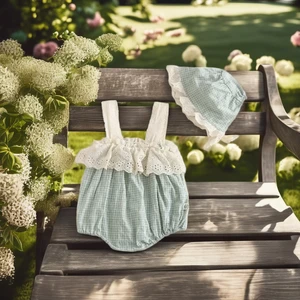 Summer Infant Cotton Boutique-Style Strap Solid Plaid Lace Vest Outfit Ruffle Girl Baby Romper