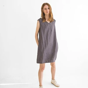Classic Short Linen Dress Linen Tunic Dress Sleeveless Summer Sleeveless Summer Dress Tunic Sleeveless With V-Neck Tunic