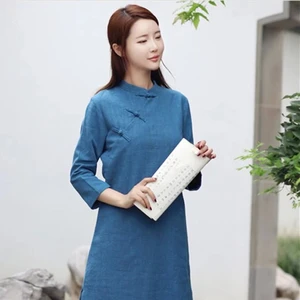 Women Linen Dresses,3/4 Sleeves Linen Midi Dress Custom Loose Soft Casual Tunic Robes Cotton Chinese Clothing Available Big Size