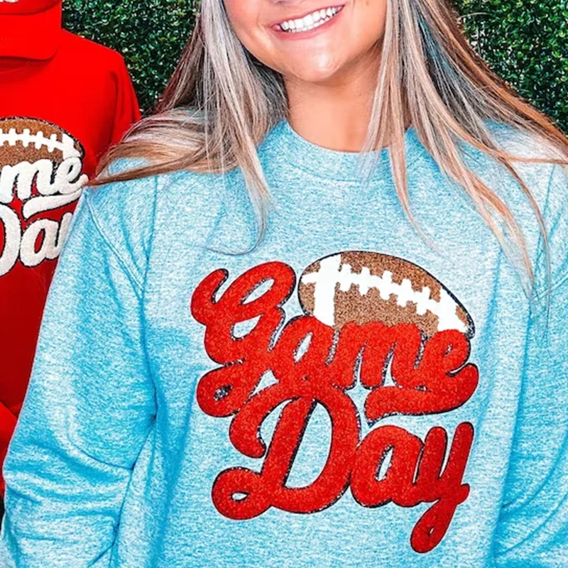 Custom Wholesale Game Day Sweatshirt Red Game Day Football Chenille