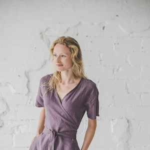 Vintage Woven Eco-Friendly Linen Short Sleeve V-Neck Wrap Dress Wide Skirt Mini Dress Summer Bridesmaids Dress