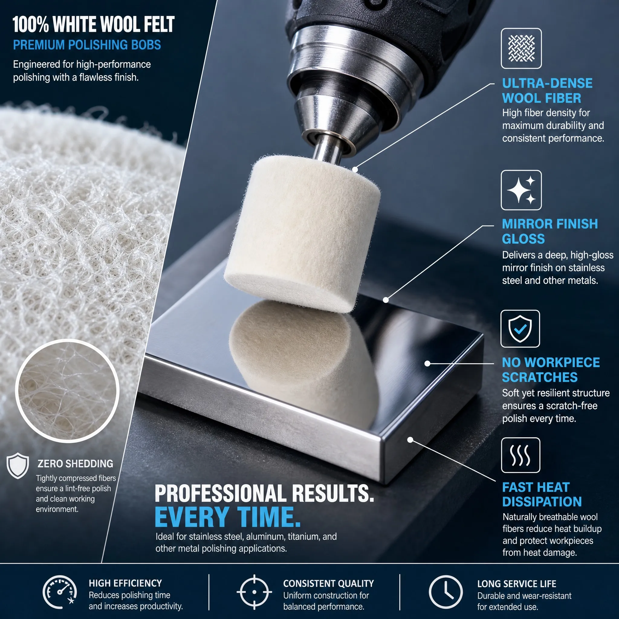 100% White Wool Felt Premium Polishing Bobs Features
