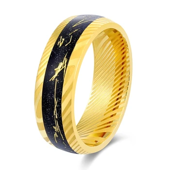 Poya Jewelry Meteorite Gold Leaf Inlay 8mm Gold Plated Stainless Steel Wedding Band Etched Damascus Steel Mens Engagement Gift