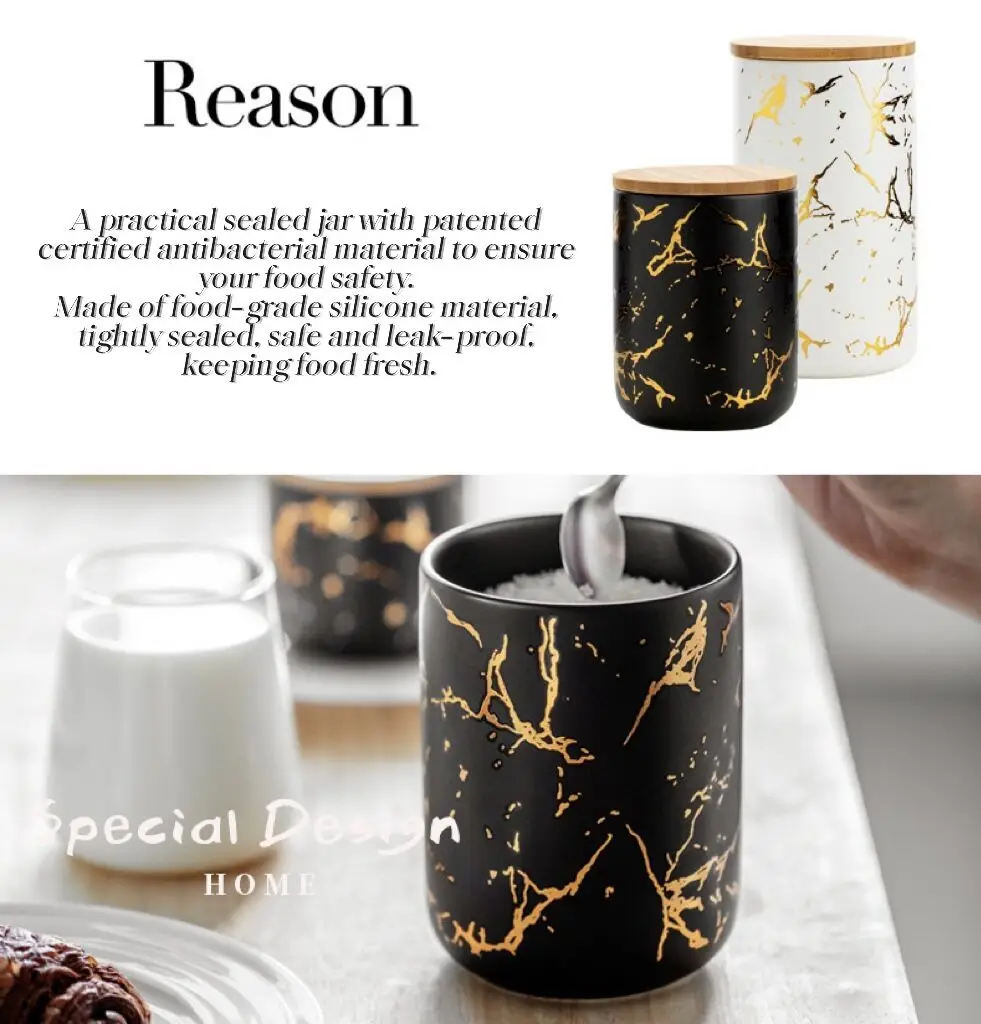 Wholesale Nordic new gold and marble design porcelain food seasoning condiment ceramic storage jar with lid factory