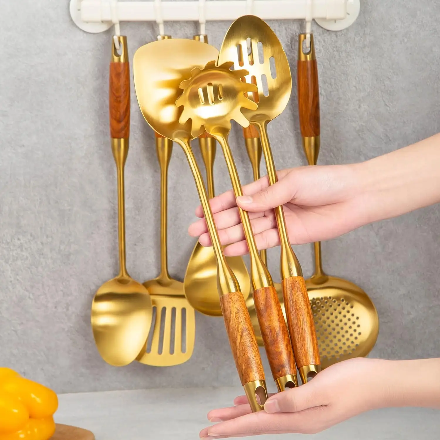 Gold Kitchen Utensils Set With Wooden Handle 8 Pcs Brass Stainless