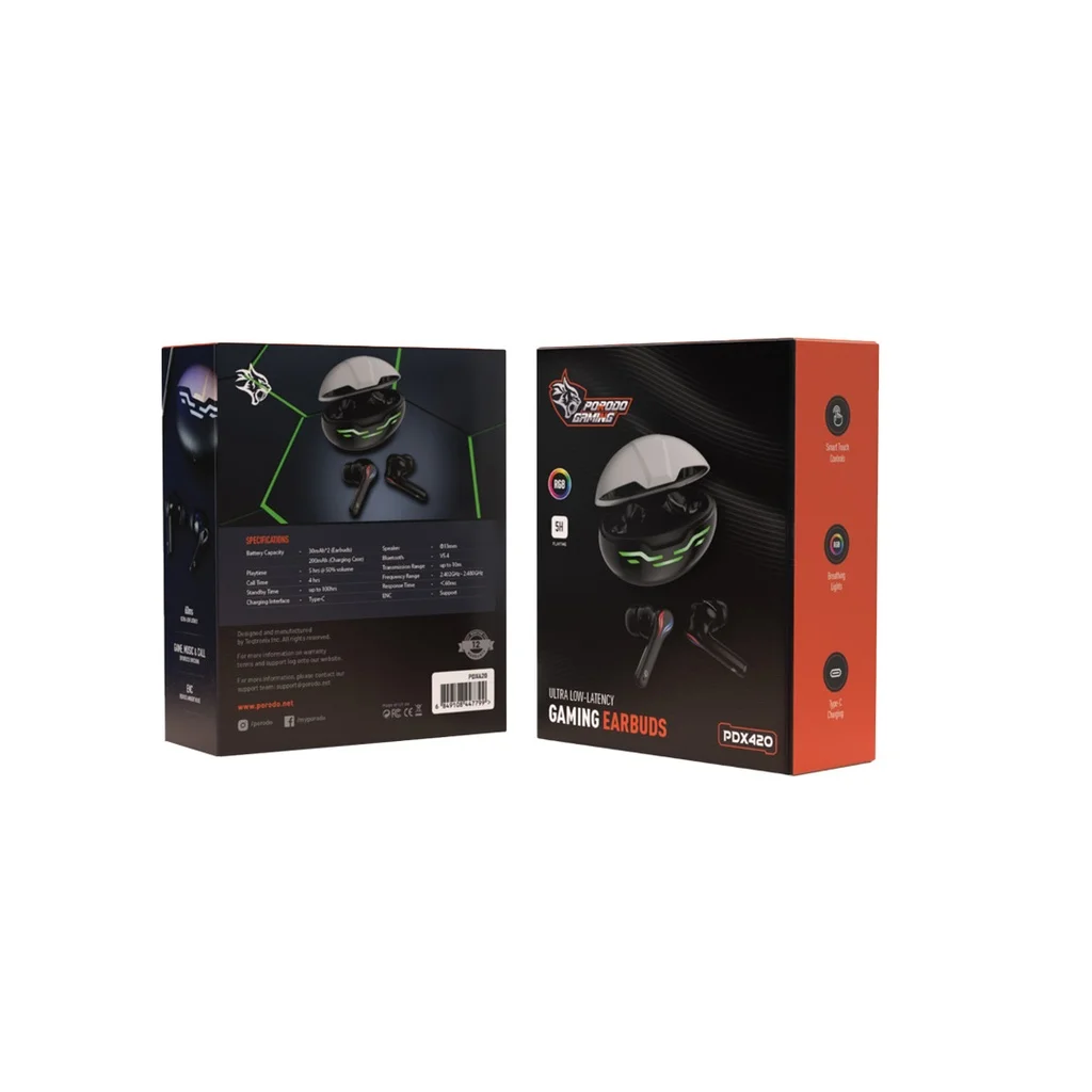 Porodo Ultra Low-Latency TWS Earbuds Wireless Digital Display Battery Noise Cancelling Headphones for Gaming Mobile Computer