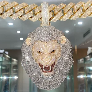 Fine Hip Hop Iced Two Tone Gold Plated Lion Face Customized VVS Colorless Moissanite Pendant Unisex Party Fashion Jewelry