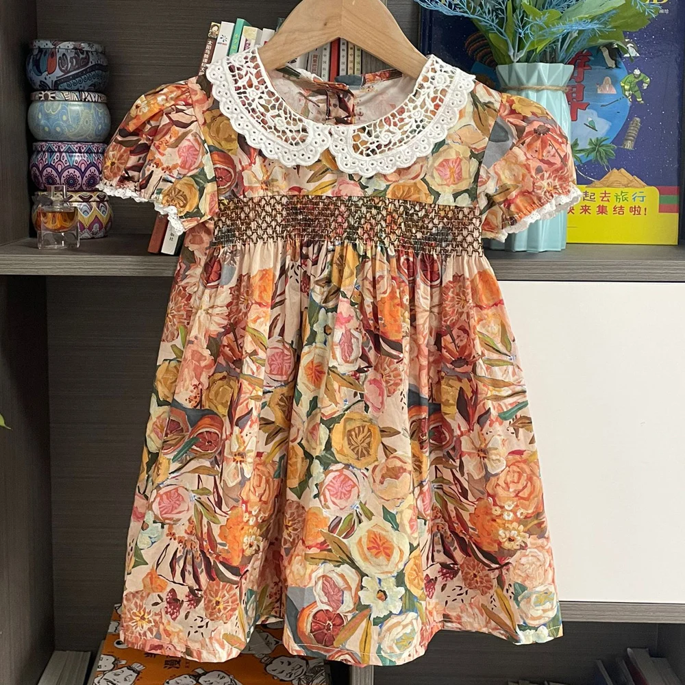 Children Handmade Smocked Clothes Girls Dresses Summer Toddler Girl  Smocking Dress Floral Frock Vintage Girl's Clothes