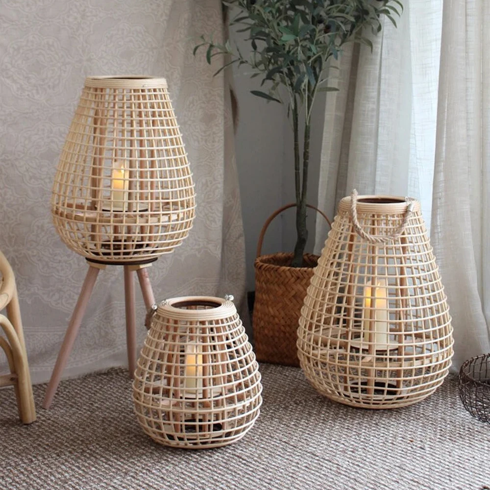 Natural Rattan Lantern Mix Wood Material Candle Holder High Quality