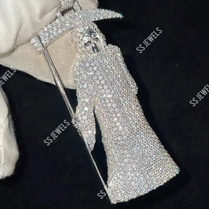 Iced Santa Muerte Pendant 925 Sterling Silver Moissanite Necklace Rhodium Plated 30g Hip Hop Style Halloween Gift