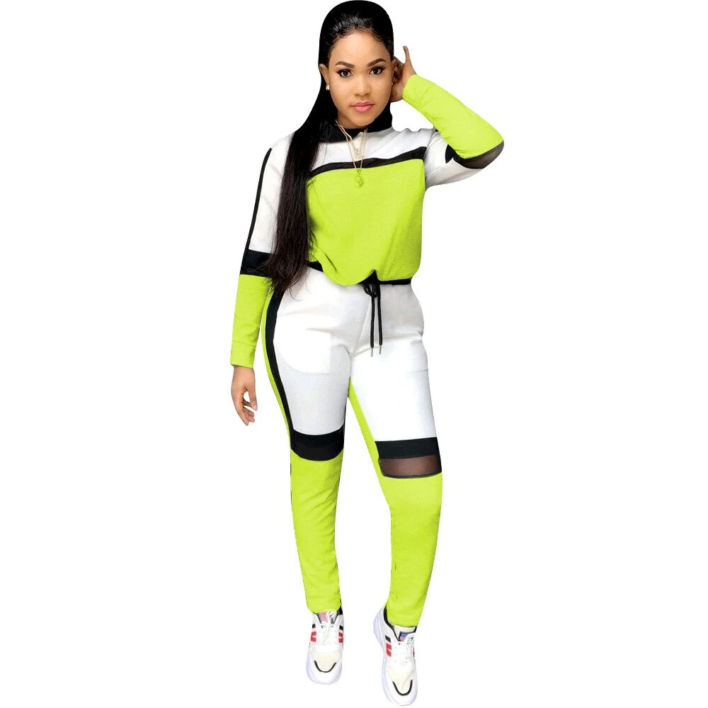 Autumn Green Color Block Mesh Tracksuit Women Two Piece Outfits Long ...