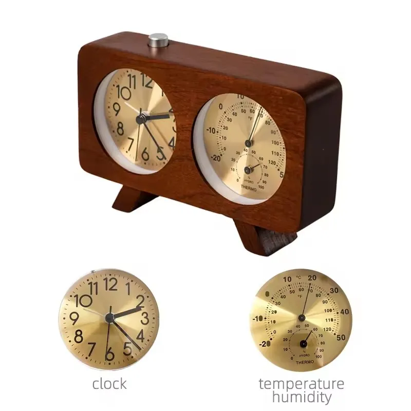 Modern Creative Quartz Clock Wood Simple Time Thermometer Snooze Silent Sweep Movement Retro Desktop Clock