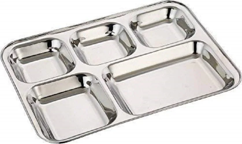 5 Compartment Rectangular Serving Thali Divider Plates Stainless Steel Hospital School Food Lunch Tray KING