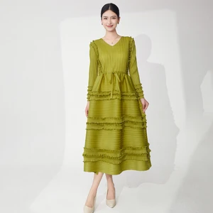 Miyake Pleated Dress Design Loose Plus Size High Quality Lace-Up Women's Fashion Dress Summer Casual Dress