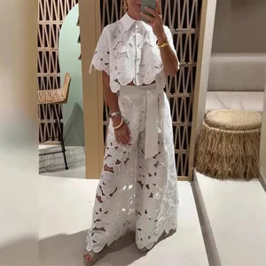 Women's Elegant Vintage Solid Colour Sexy Lace Embroidery Hollow Lapel Single-breasted Cardigan Top Wide Leg Pants 2-piece Sets