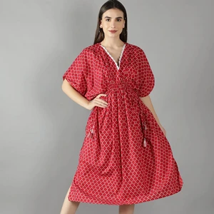 High Quality New Design Trending V-neck With Lace Detailing Geometric Lava Red Midi Geometric Lava Red Kaftan Dress For Women