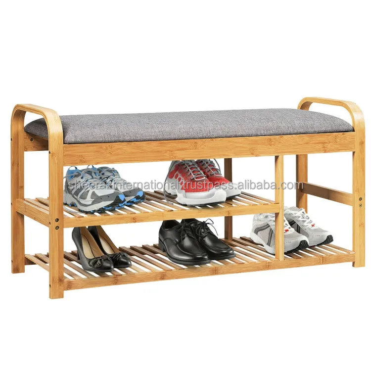 Metal Shoe Rack In Gold Finish With Seat & Shelf Large Organizer Shelf
