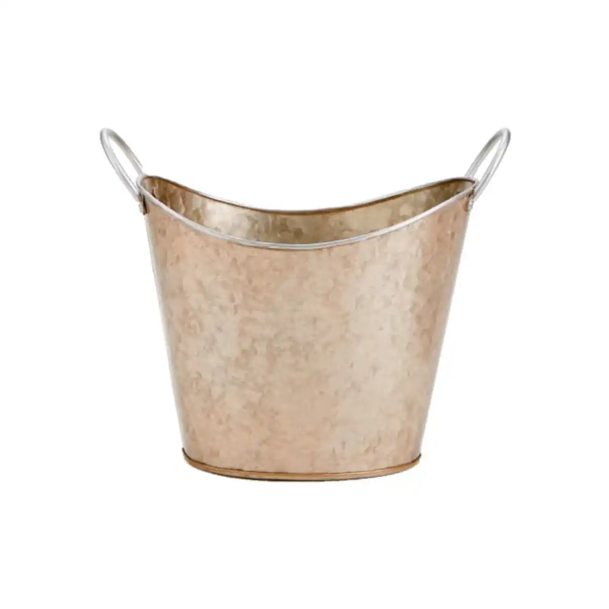 Antique copper-finished garden flower pot; oval-shaped galvanized steel planter with handles and hammered texture decoration; suitable for indoor and outdoor use as a plant container.