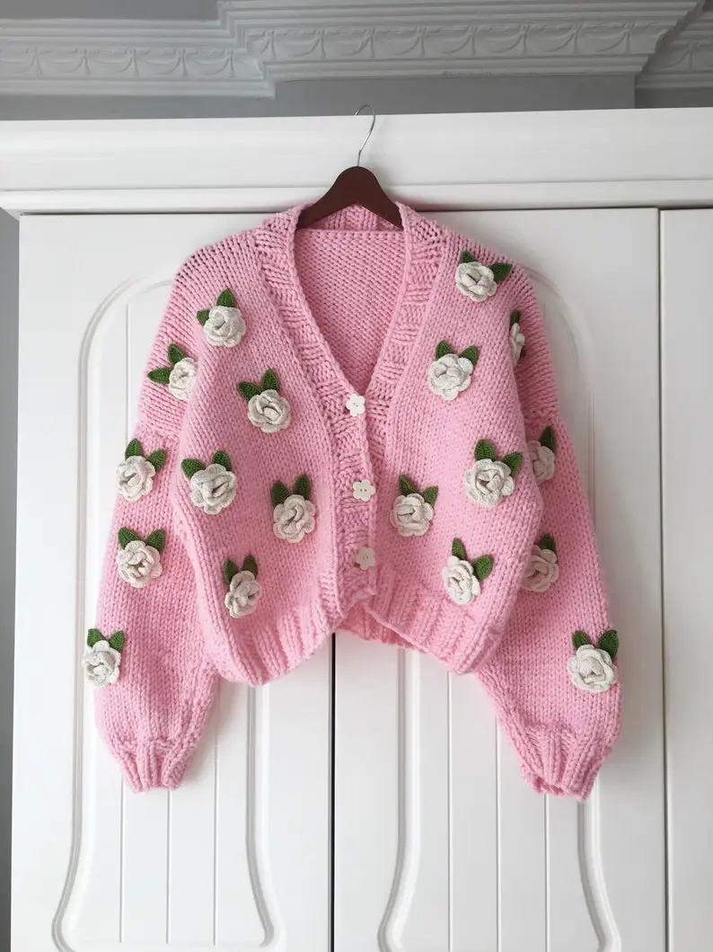 Winter Retro Custom Thick pink Rose Ladies Gift Floral Short Knitted Woven Handmade Crochet Women Cardigan Sweater